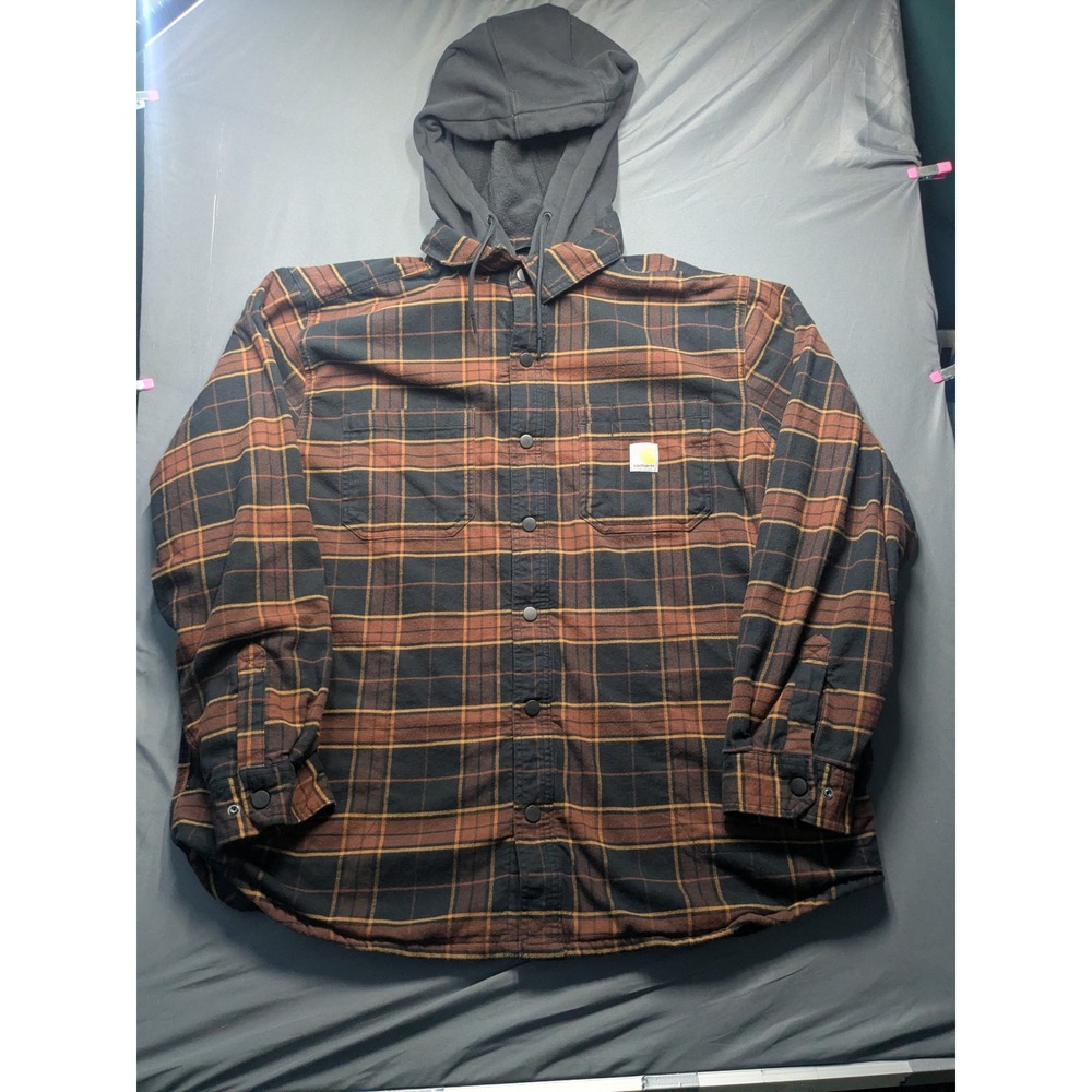 Carhartt Rugged Flex Hooded Flannel Shirt Jacket Mens XL Plaid Fleece Lined